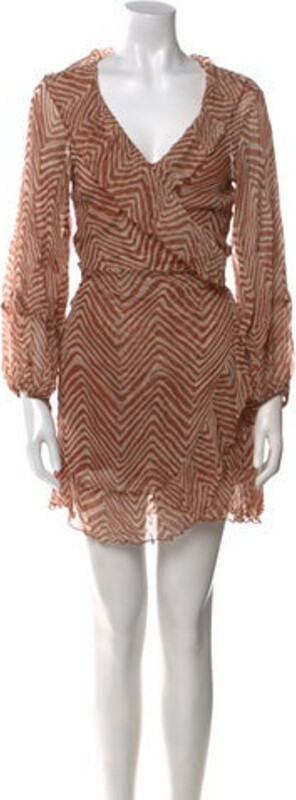 CLOE CASSANDRO Silk Dress Brown Striped Pleated, Ruffle & Embroidered Accents Long Sleeve with V-Neck Sash-Tie Closure at Front