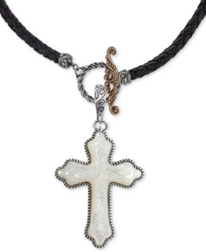 American West Mother-of-Pearl Cross Black Leather 20" Pendant Necklace in Sterling Silver