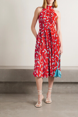 Diane von Furstenberg Nicola Belted Pleated Printed Woven Halterneck Midi Dress - Red - US0