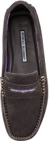 Thumbnail for your product : Manolo Blahnik Terry-Trimmed Suede Driver, Asphalt Gray