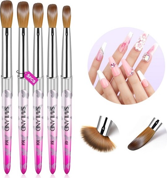 Saviland 5-Piece Kolinsky Acrylic Nail Brush Set for Acrylic Nails - Sizes 4-16 (Select Sizes) with Butterfly Pink Handles