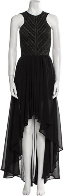 Ronny Kobo Evening Gown Black & Metallic Ruffle & Glitter Accents Sleeveless with Crew Neck Exposed Zip Closure at Back Designer