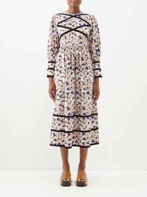 Batsheva Clemmie Daisyprint Cottonpoplin Midi Dress Purple Multi