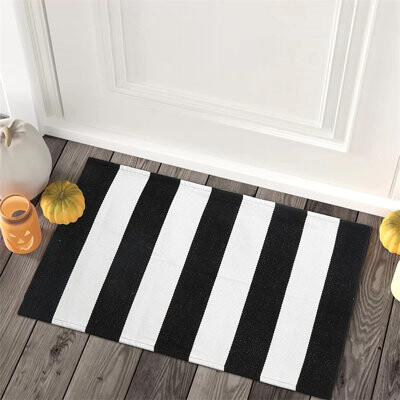 Washable Indoor Door Mat for Farmhouse Porch Layered Kitchen Bathroom Laundry Room Collive Cotton Woven Striped Front Doormat Black/White Outdoor Rug Runner 24'' x 51'' 