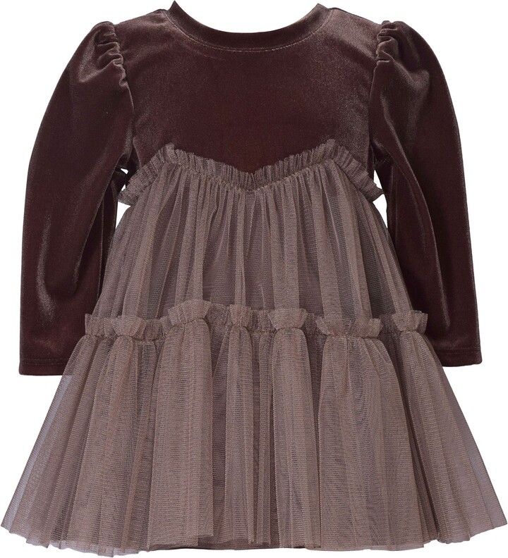 Kids' Long Sleeve Velvet & Tulle Party Dress