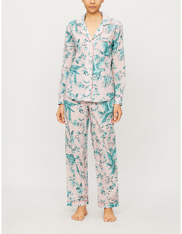 Desmond & Dempsey Womens Pink Green Bromley Parrot-Printed Cotton Pyjama Set L