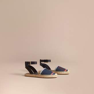 Burberry Leather and Check Linen Cotton Espadrille Sandals