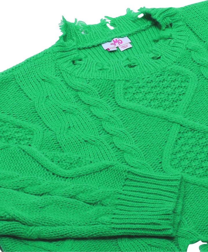 myMo Women's Irregular Twist Knit Open Edge Crew Neck Top Green