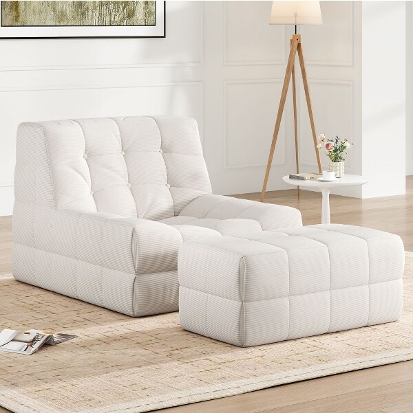 OkakGiantBeanBagChairwithOttomanBeanBagCouchFloorChairwithMemoryFoamGamingBeanBagChairsLoungeChairforLivingRoomBeige