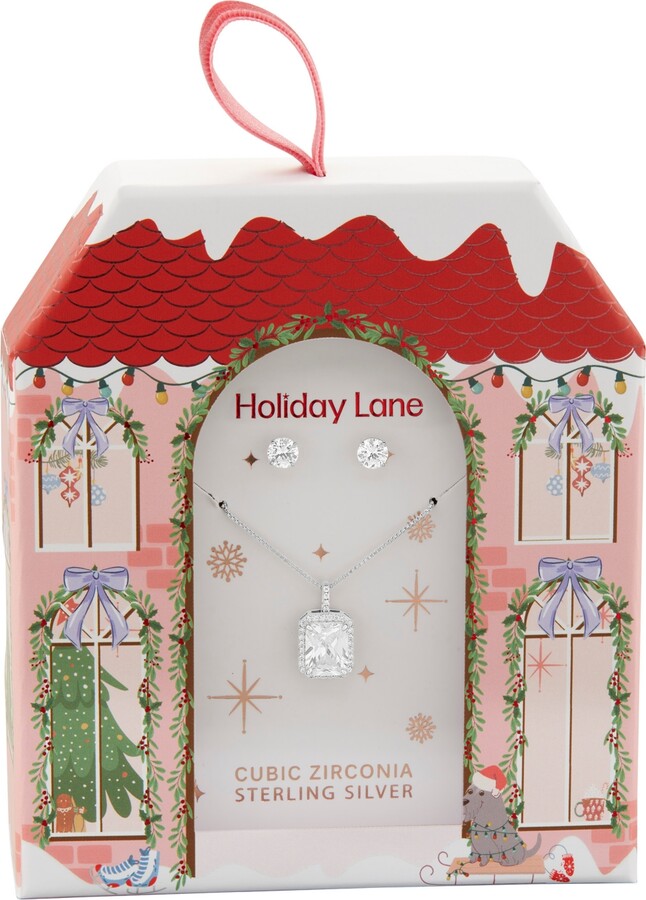 Holiday Lane Cubic Zirconia Emerald Shaped Center Stone Pendant Necklace and Stud Earring Set, Macy's Exclusive