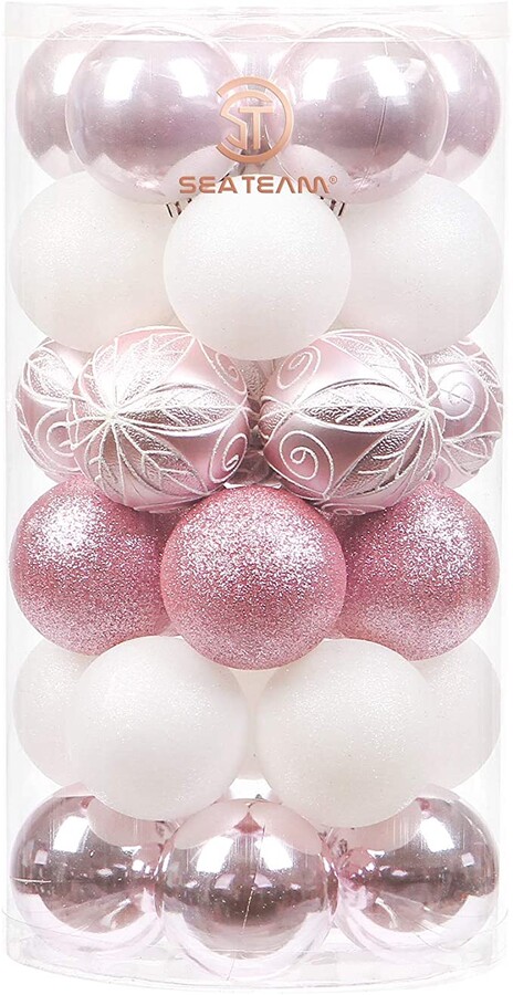 Sea Team 60mm/2.36" Decorative Shatterproof Painting & Glitering Designs Christmas Ornaments Christmas Balls Set in Harmonious Contrast Color, 30-Pack, Pink & White