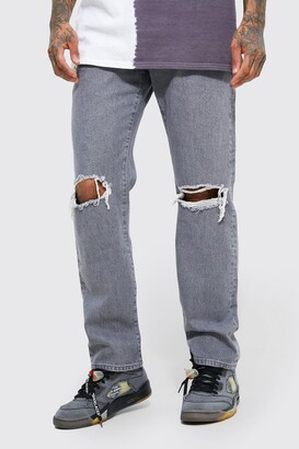 boohoo Mens Grey Relaxed Fit Washed Knee Slash Jeans - ShopStyle