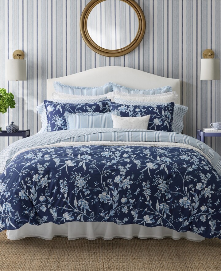 Laura Ashley Branch Toile Cotton Reversible 7 Piece Comforter Set, Full/Queen
