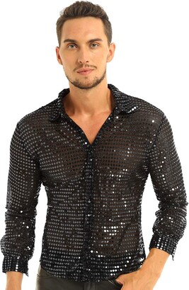 inhzoy Men Shiny Sequins Disco Dance Shirt Tops Long Sleeves Sheer