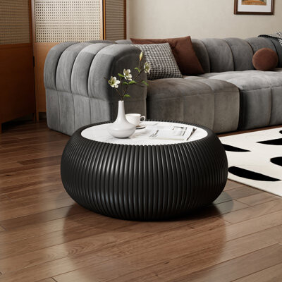 Ivy Bronx Modern Drum-Shaped Coffee Table, Light Marble Top & PU Leather, Stylish Sofa Side Table for Living Room, Bedroom or Office