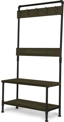 Christopher Knight Home Hansen Outdoor Industrial Acacia Wood Bench with Shelf and Coat Hooks