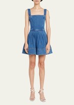 Thumbnail for your product : Oscar de la Renta Square-Neck Pleated Bow-Shoulder Denim Mini Dress