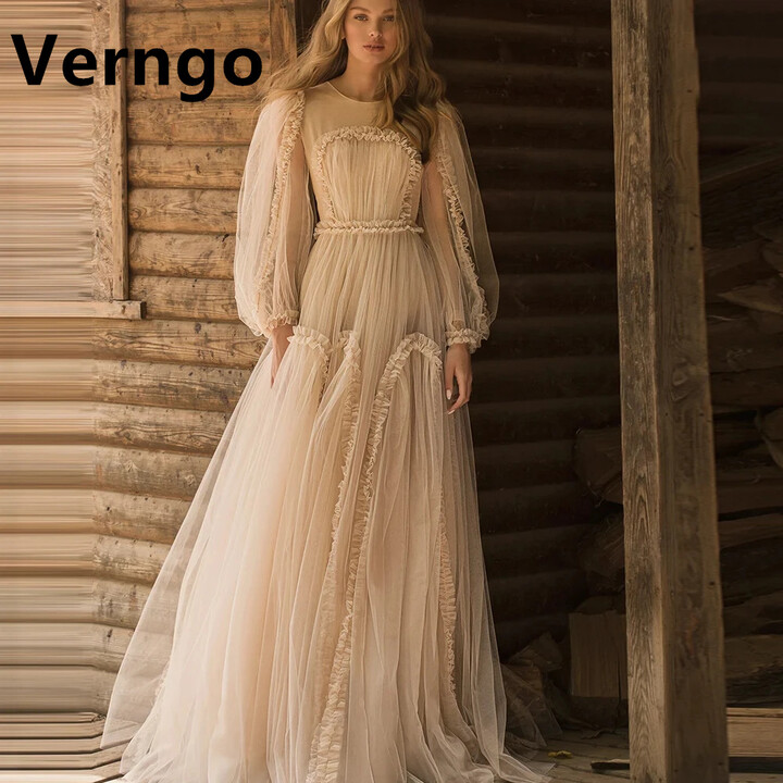Verngo Champagne Tulle Prom Dress Puff Sleeves O-Neck Ruffles Fairy Evening Dresses Women A Line Prom Gown Customized