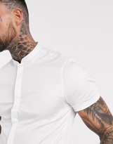 Thumbnail for your product : ASOS DESIGN skinny fit sateen shirt with mandarin collar in white with short sleeves