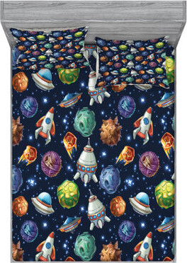 Ambesonne Futuristic Science Fiction Comic Planet Spaceships Androids Rockets Ufo Illustration Sheet Set