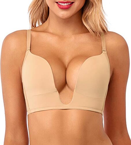 HANSCA Women’s Deep Plunge Bra Cleavage Enhancer Low Cut Wireless Bra Padded Push Up - Beige