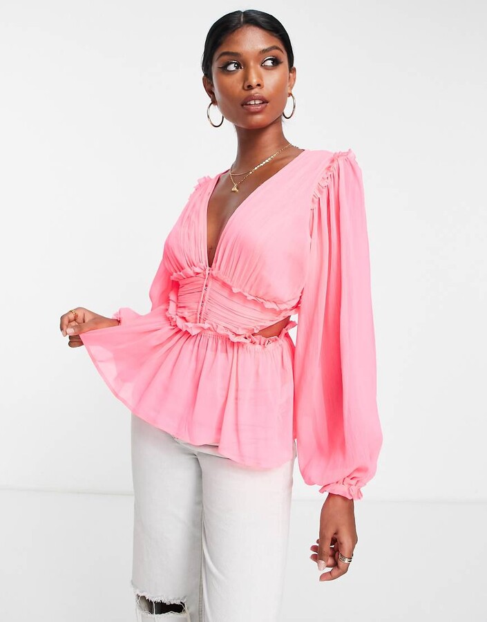 ASOS DESIGN tie front layered ruffle blouse with lace inserts in
