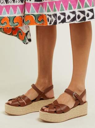 Prada Criss Cross Leather Wedge Espadrille Sandals - Womens - Tan