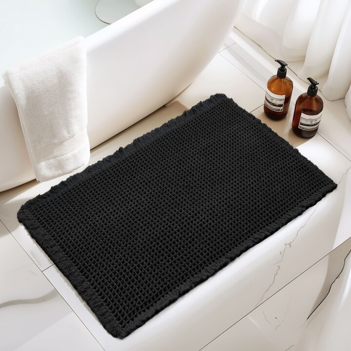subrtex Waffle Weave Bathroom Rug, Non Slips Bath Mat, Absorbent Bathmat Bath Rug for Bathroom (24"x60", Black)