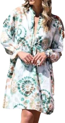 FOBEXISS Women's Bohemian Pattern Printed V Neck Long Sleeve Casual Tie Dye Mini Dresses Fashion Flowy Babydoll Dress Green