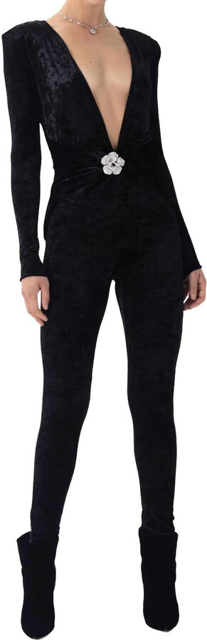 Ronny Kobo Rhoades Jumpsuit With Crystal Brooch Detail In Jet Black