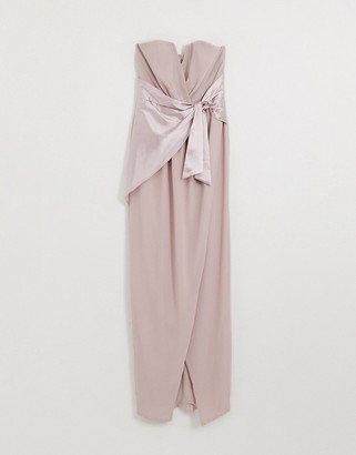 TFNC Tall Bridesmaid bandeau maxi wrap dress with satin front detail in taupe