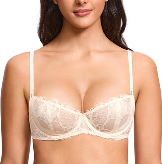 Wingslove Women's Sheer Mesh Bra See Through Sexy Lace Unlined Wireless  Plunge Triangle Bras, White 34C 