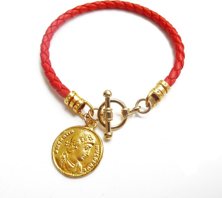 Etsy Red Leather Coin Bracelet 14K Gold Plated Roman Image Bangle