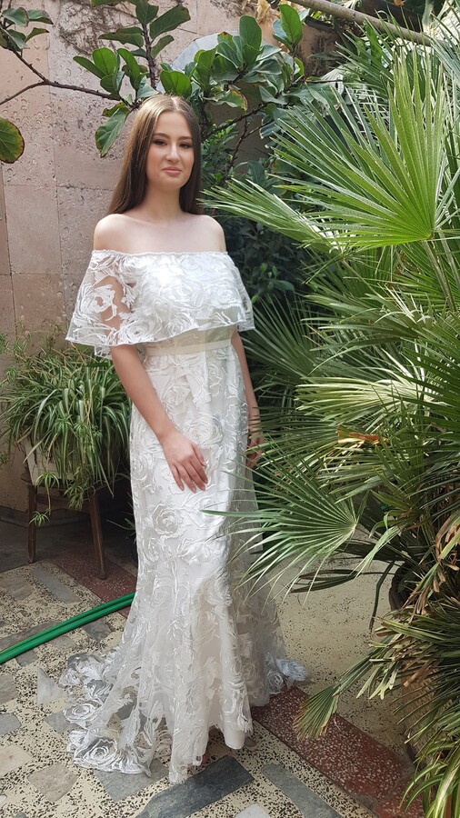 Elopement Wedding Dress, Off-Shoulder Flower Simple Floral Vintage Bohemian Beach Summer Alternative Plus
