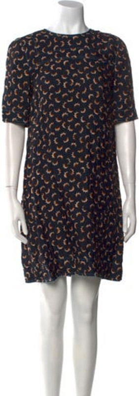 Marni Shift Dress Blue Printed Short Sleeve with Crew Neck Concealed Zip Closure at Back Designer