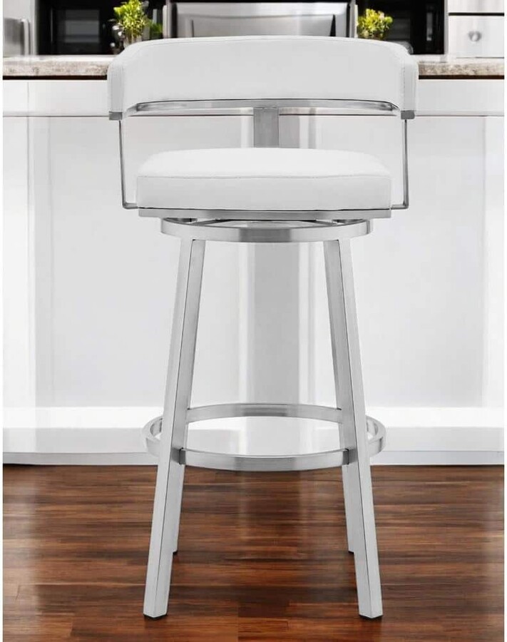 HomeRoots 26 in. White and Silver Low Back Metal Counter Stool Faux Leather Seat