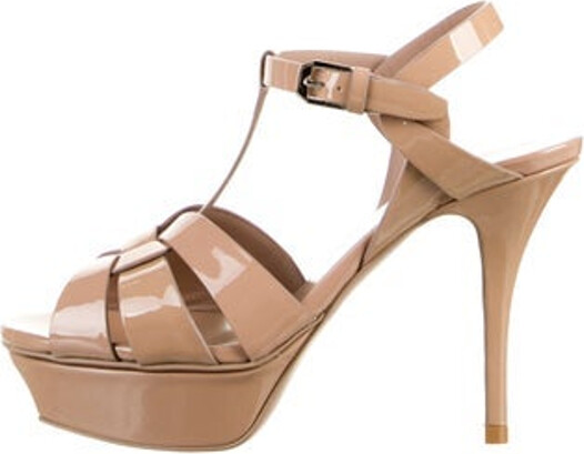 Saint Laurent Patent Leather T-Strap Sandals Neutrals Platform Straps & Buckle Closure at Ankles Includes Box & Dust Bag