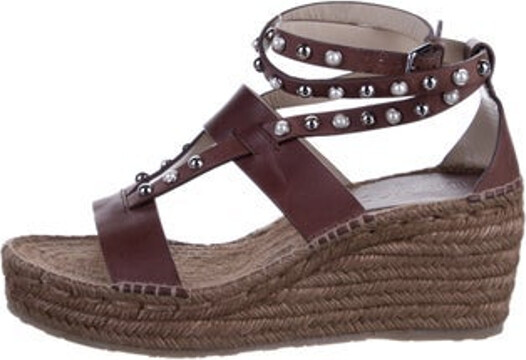 Jimmy Choo Leather Espadrilles Brown Studded Accents & Jute Trim Platform Wrap-Around Straps & Buckle Closure at Ankles Includes Box & Dust Bag