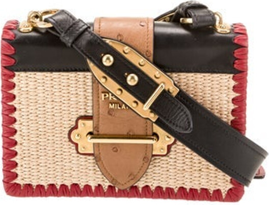 Prada Shoulder Bag Neutrals City Calf Leather Colorblock Pattern Gold-Tone Hardware Calf Leather & Ostrich Trim Single Adjustable Shoulder Strap Leather, Studded & Whipstitch Accents Leather Lining & Dual Interior Pockets Fold-In Flap Closure at Front Unfortunately, due to restrictions, this item may not be eligible for shipping in all areas.