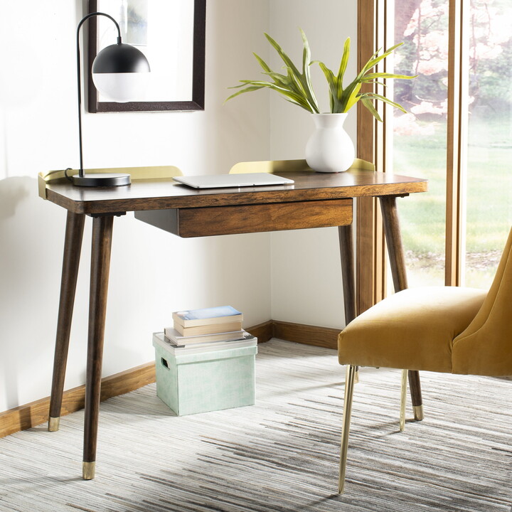SAFAVIEH Parker Retro-Chic Desk with 1 Pull-Out Drawer, Dark Walnut