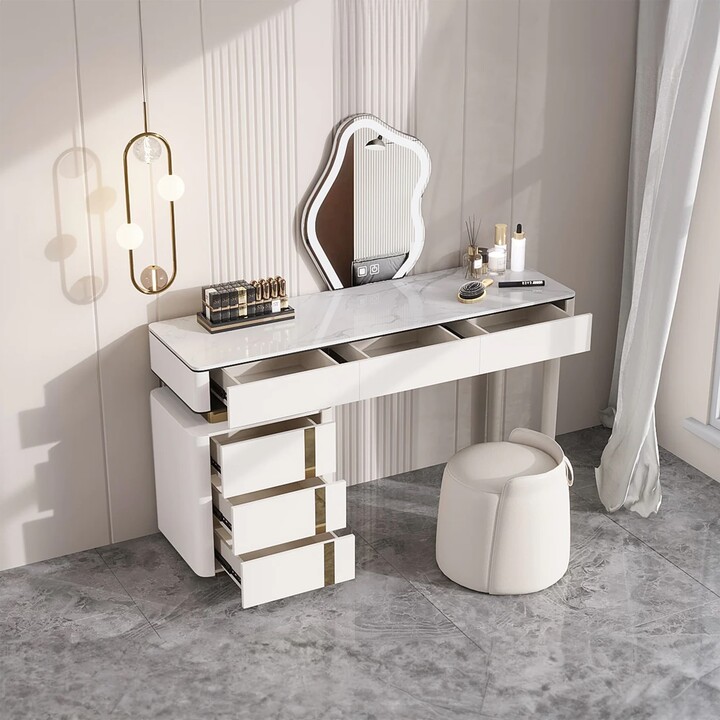 Sunmory 47.2" Modern Vanity Table Set, Lustrous Marble Top Dressing Table  with Touch Luminous Mirror and Solid Pine Drawers, Stool - ShopStyle Bedroom