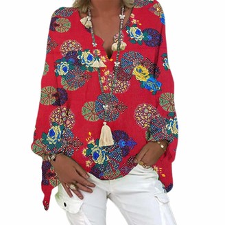 Women Plus Size Casual Floral Print Tops Loose Cotton and Linen V-Neck Long Sleeve Shirt Blouse Pullover 