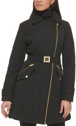 GUESS Women's Asymmetric Belted Diamond-Quilted Coat
