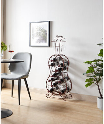 InRoom Designs Cello-Shaped Wine Rack Home Bar, Metal Freestanding Wine Storage Stand, 19 Bottles with Wine Glass Holder