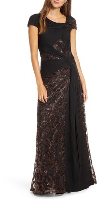 Tadashi Shoji Pintuck Wrapped Embroidered Lace Gown