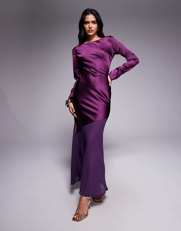 Rare London exclusive satin long sleeve sheer hem maxi dress in purple