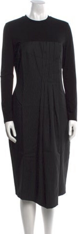 Max Mara Virgin Wool Sheath Dress Grey Striped Long Sleeve with Crew Neck Concealed Zip Closure at Back Designer