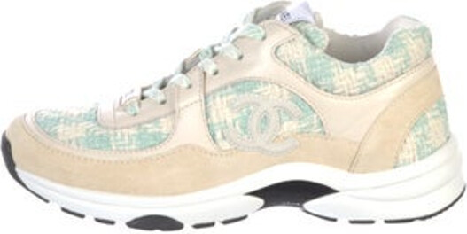 Chanel Tweed Low Top Sneakers From the 2023 Collection Green Interlocking CC Logo & Tweed Pattern Suede Trim Round-Toes Lace-Up Closure at Uppers Includes Box & Additional Laces Designer