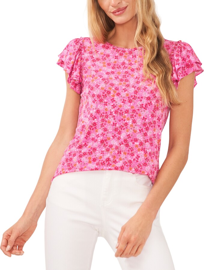 CeCe Women's Ruffle Sleeve Floral-Printed Knit Top - ShopStyle Blouses