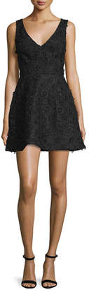 Monique Lhuillier Sleeveless Floral-Applique Mini Dress, Black